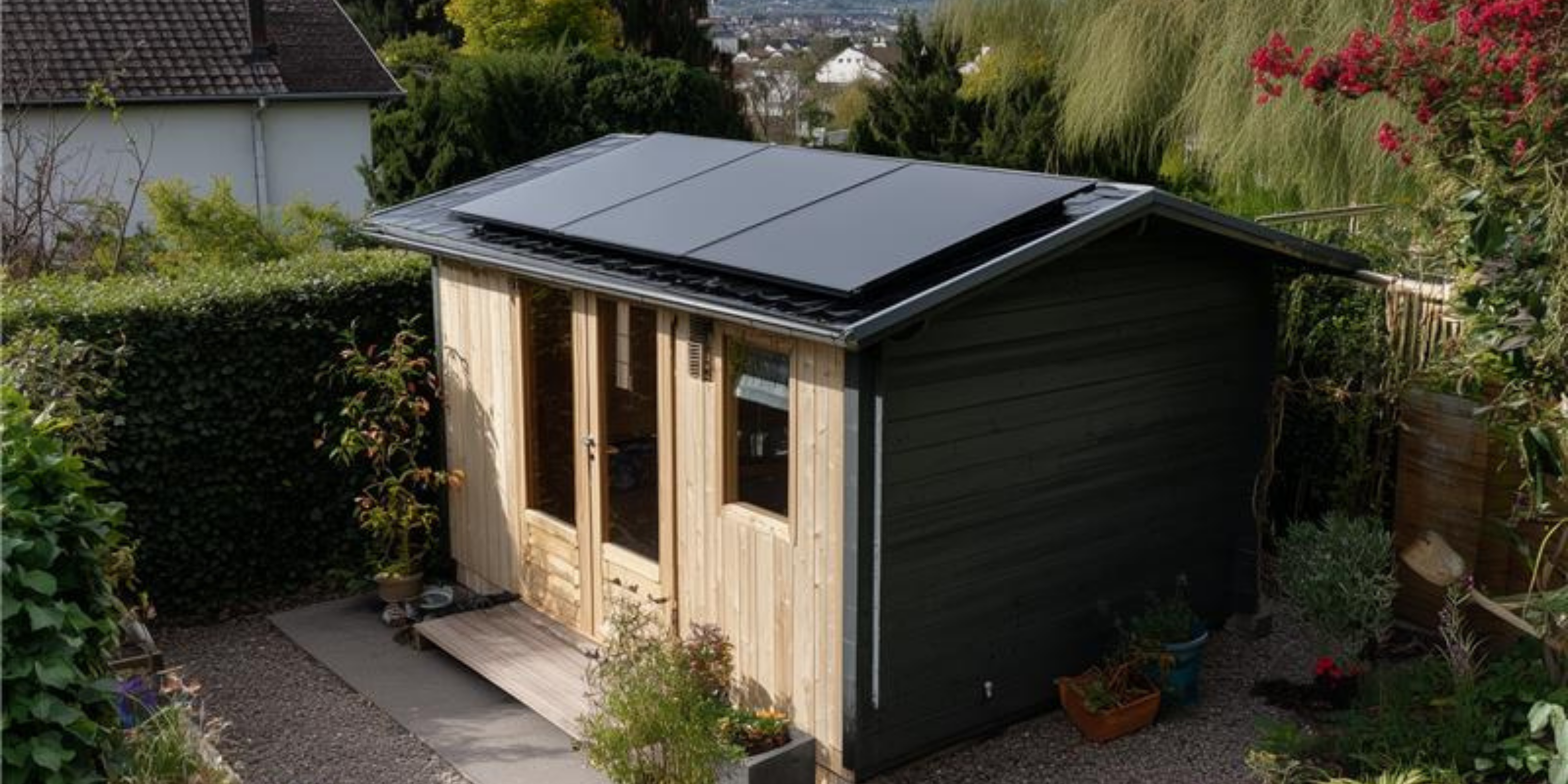 Ein Gartenhaus aus Holz bestückt mit einer Solar Inselanlage.