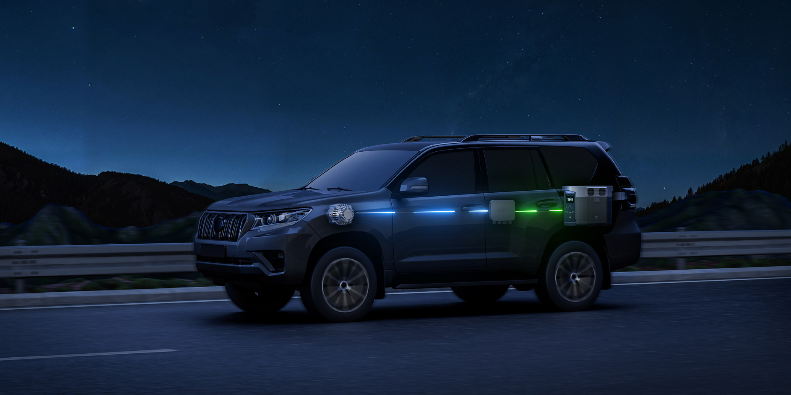 Eine futuristische Darstellung eines Autos, das mit nachhaltiger Energie geführt wird.