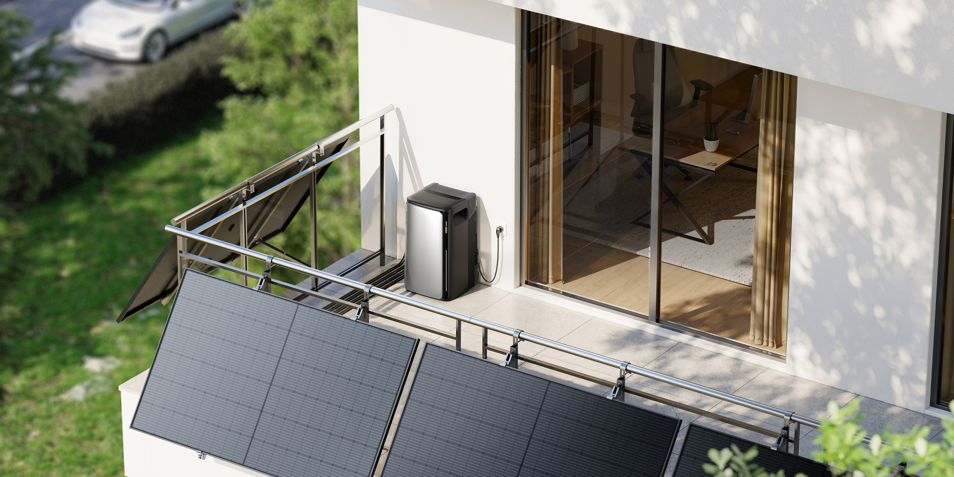 Ein Balkonkraftwerk mit zwei Modulen und dem EcoFlow STREAM Speicher ist auf einem Balkon platziert.