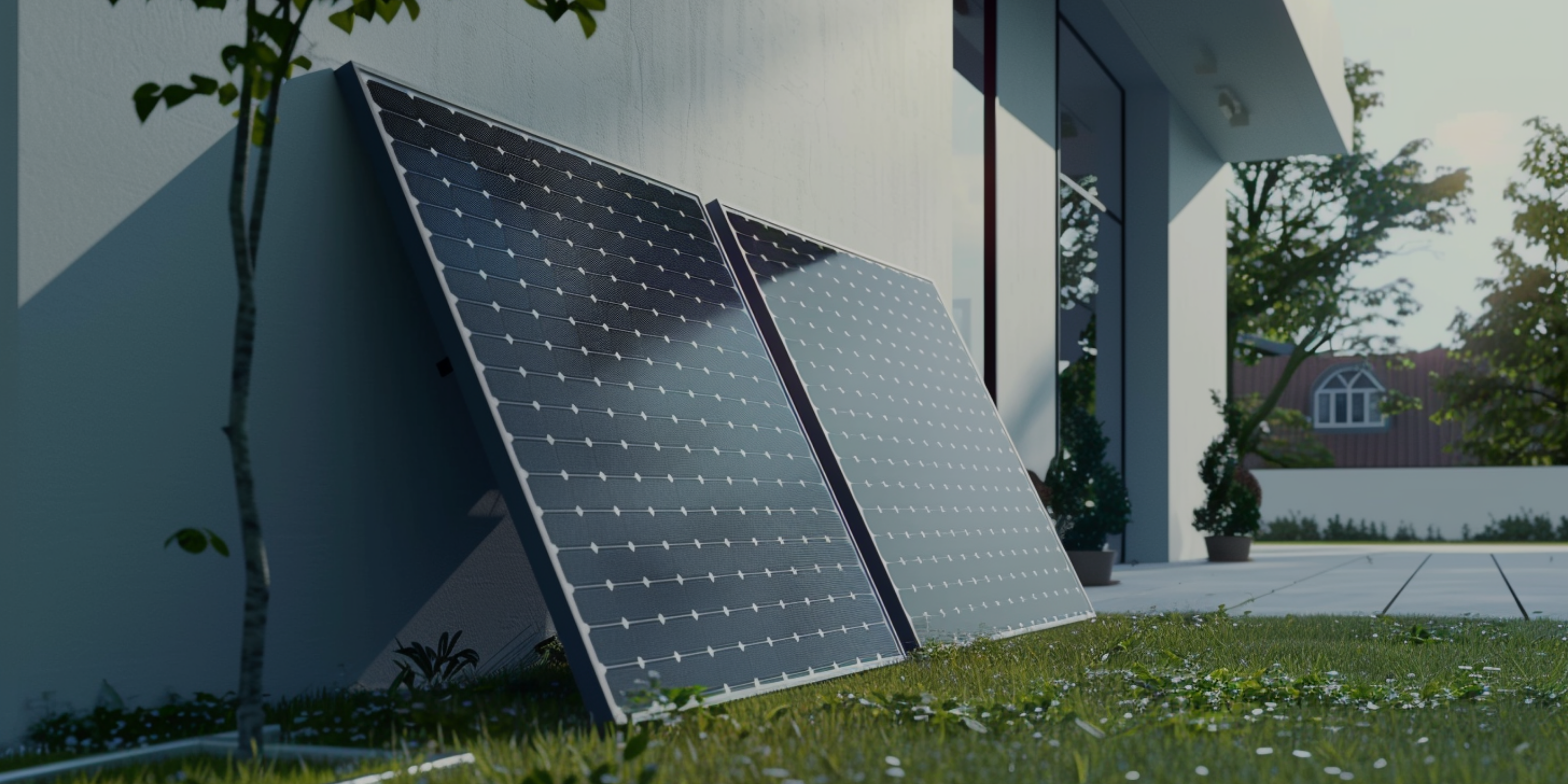 Zwei Solarmodule stehen an eine Hauswand gelehnt ohne eine Halterung.