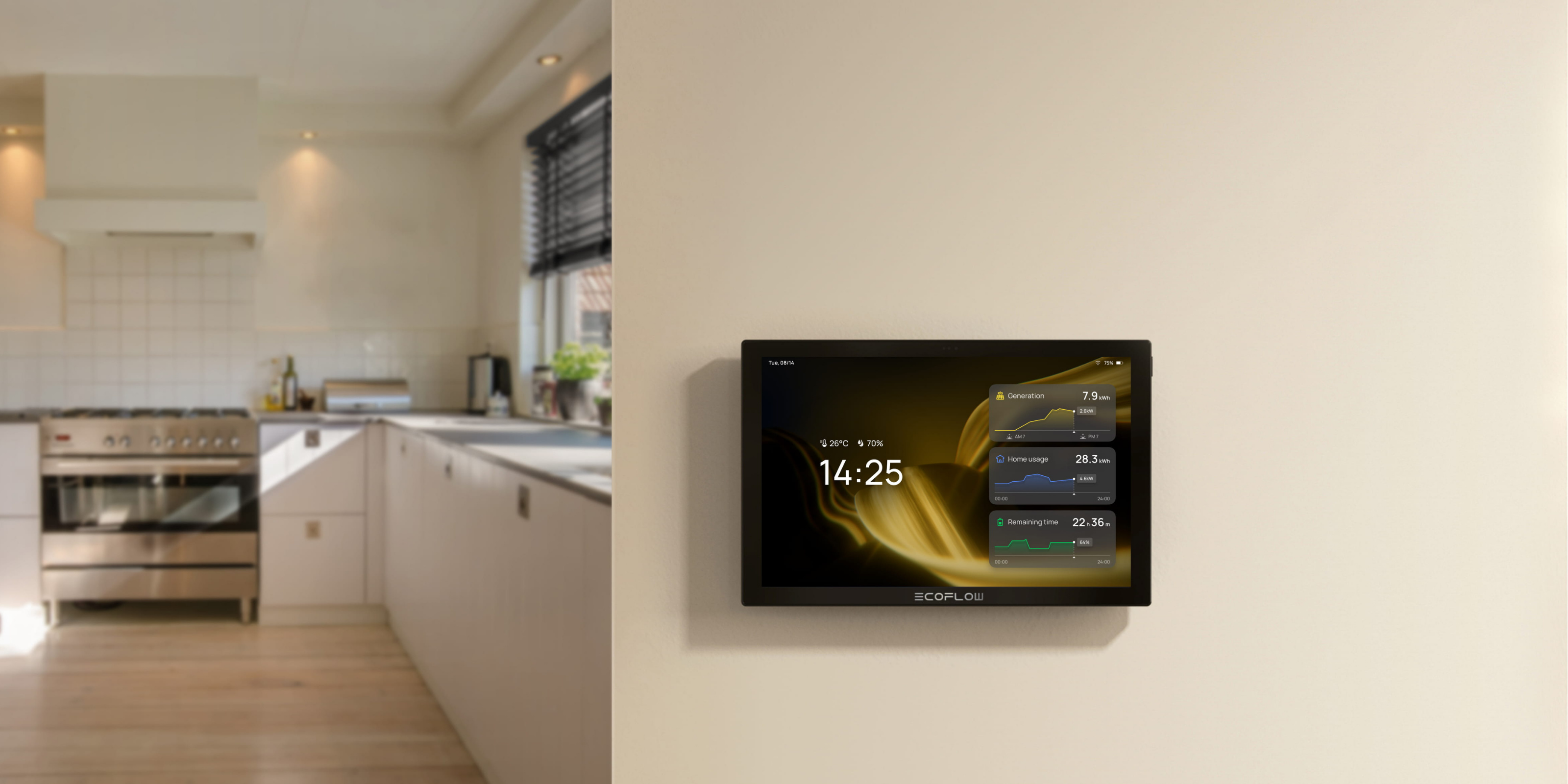 Ein Tablett in einer Wandhalterung in der Küche.