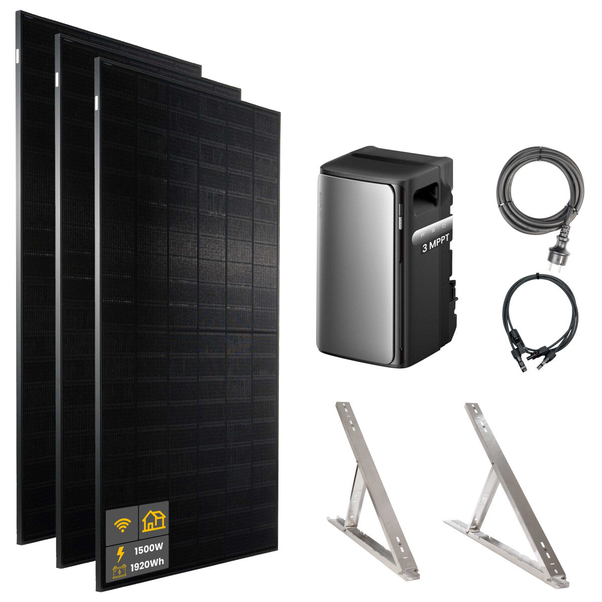 1500 W EcoFlow STREAM Pro Balkonkraftwerk | Set mit Mikrowechselrichter und 3x 500 W DAH bifacial Solarmodul mit Flachdach Halterung und 1,92 kWh Speicher - 21-306888