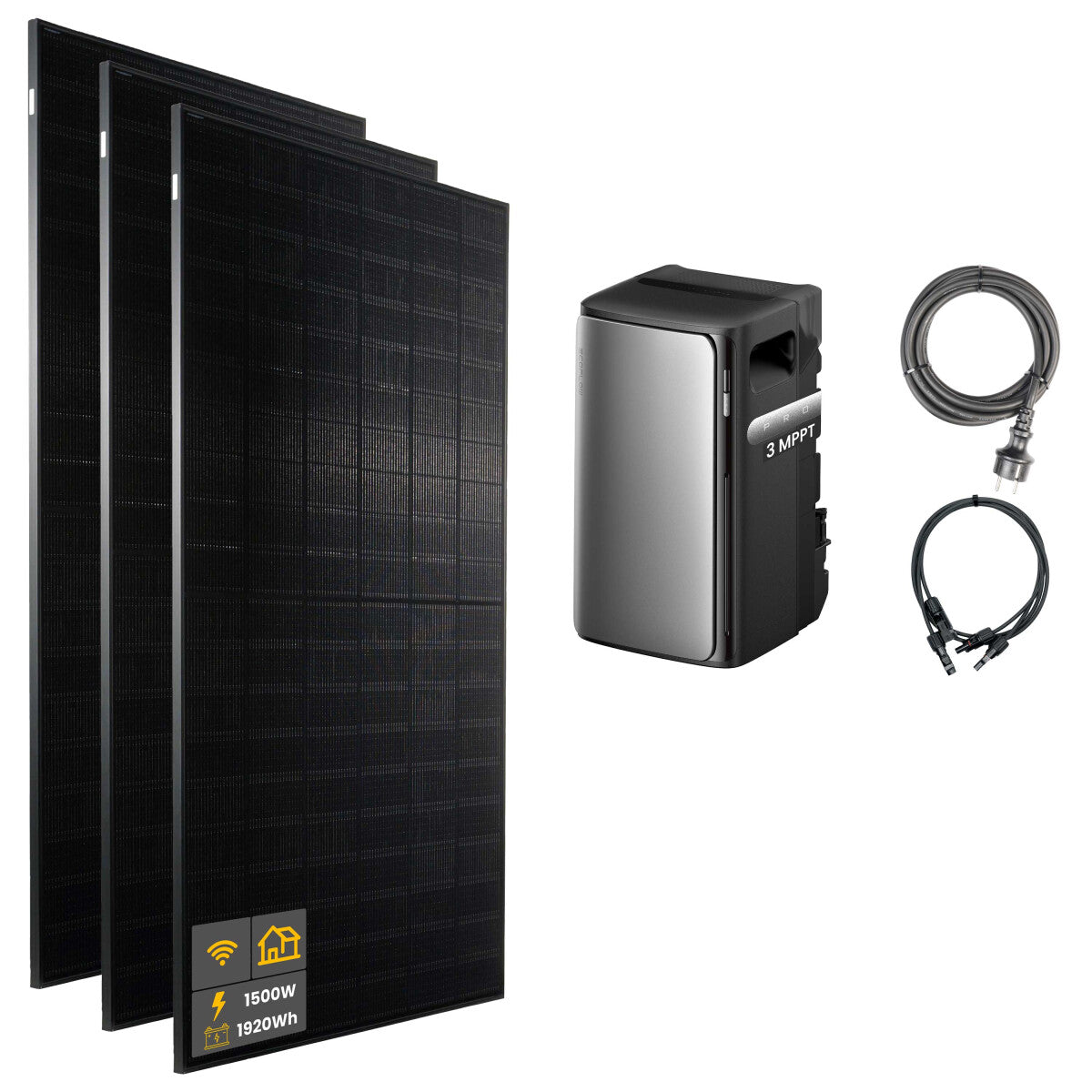 1500 W EcoFlow STREAM Pro Balkonkraftwerk | Set mit Mikrowechselrichter und 3x 500 W DAH bifacial Solarmodul ohne Halterung und 1,92 kWh Speicher - 21-306886