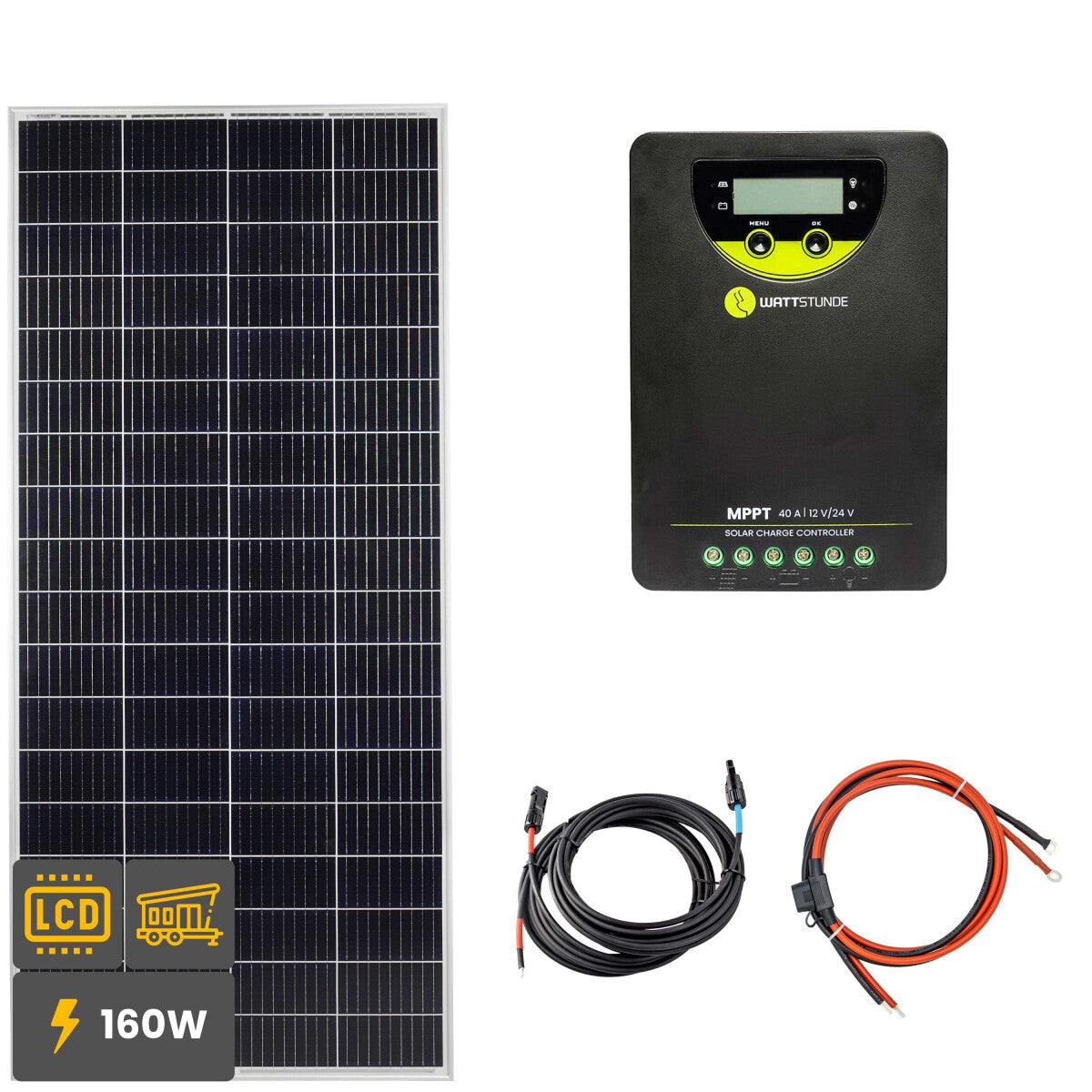 160W Solar Inselanlage Bausatz WATTSTUNDE® 40A 90V MPPT Solar Laderegler WLR-BT 40.90 MPPT - 12-11501-v-004 Inkl. 0% MwSt. gemäß §12 Abs.3 UstG.