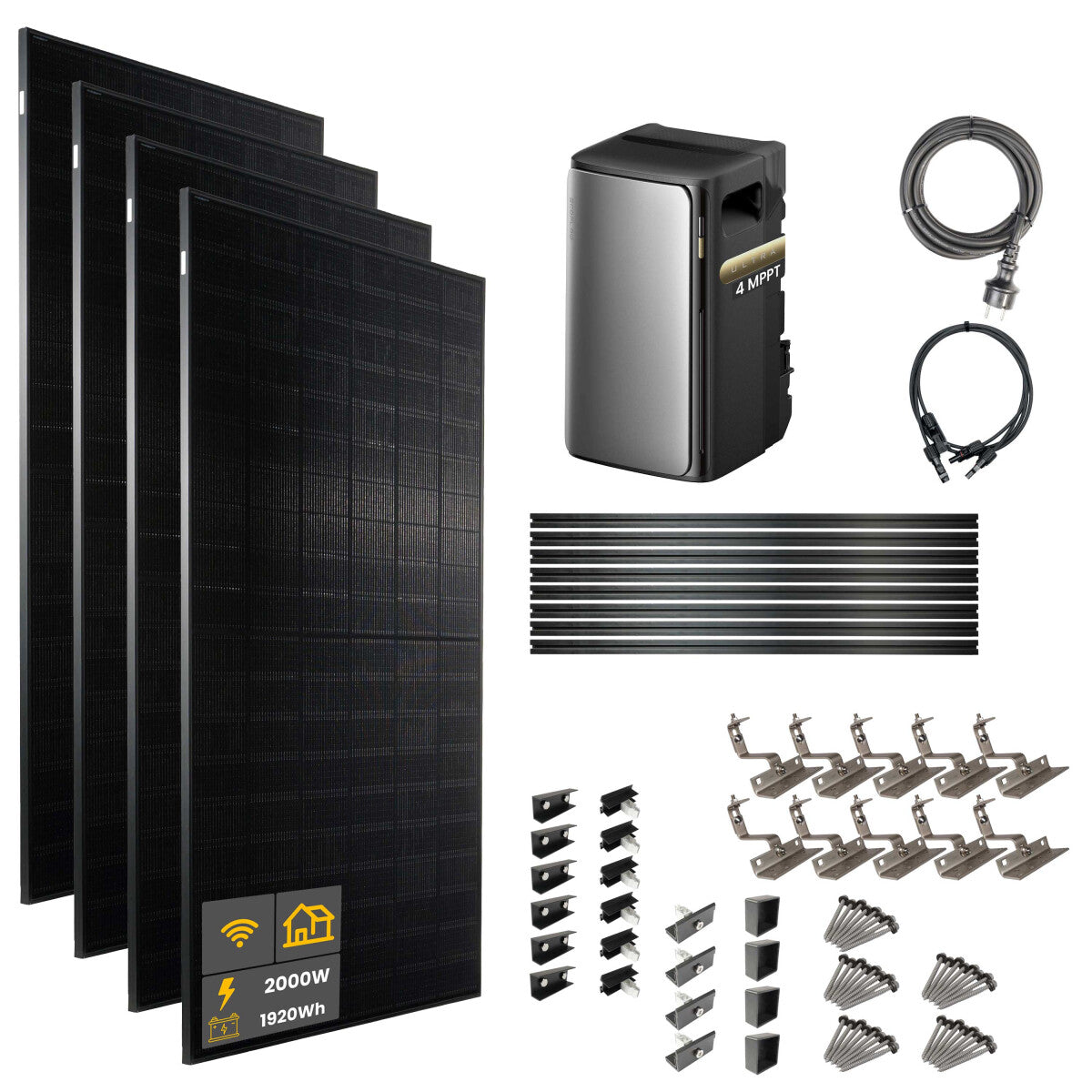 2000 W EcoFlow STREAM Ultra Balk onkraftwerk | Set mit Hausdachhalterungen für Ziegeldächer, 4x 500 W DAH bifacial Solarmodul und 1,92 kWh Speicher - 21-306908