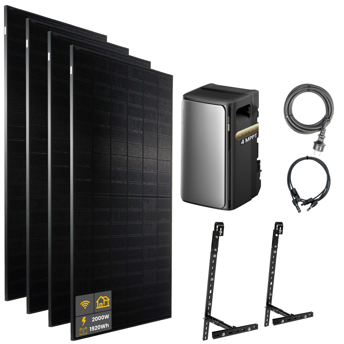 2000 W EcoFlow STREAM Ultra Balkonkraftwerk | Set mit Mikrowechselrichter und 4x 500 W DAH bifacial Solarmodul mit Gitterbalkon Halterung und 1,92 kWh Speicher - 21-306890