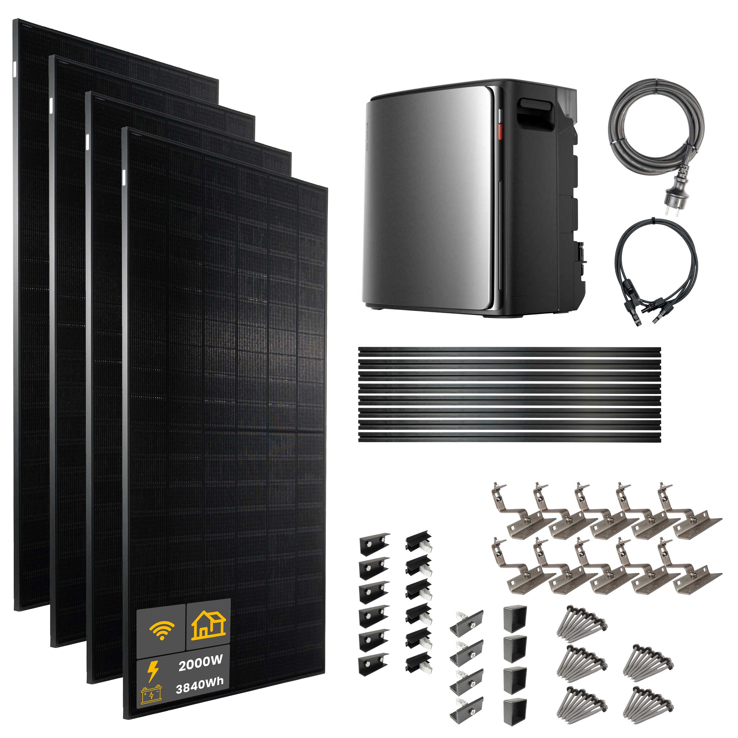 2000 W EcoFlow STREAM Ultra X Balkonkraftwerk | Set mit Hausdachhalterungen für Ziegeldächer, 4x 500 W DAH bifacial Solarmodul und 3,84 kWh Speicher