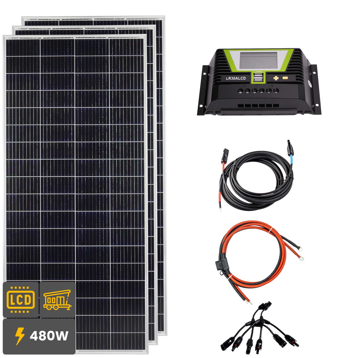 480W Solar Inselanlage Bausatz (3x160W) Solar Laderegler 30A LR30ALCD 2xUSB 12/24V - 12-14501-001