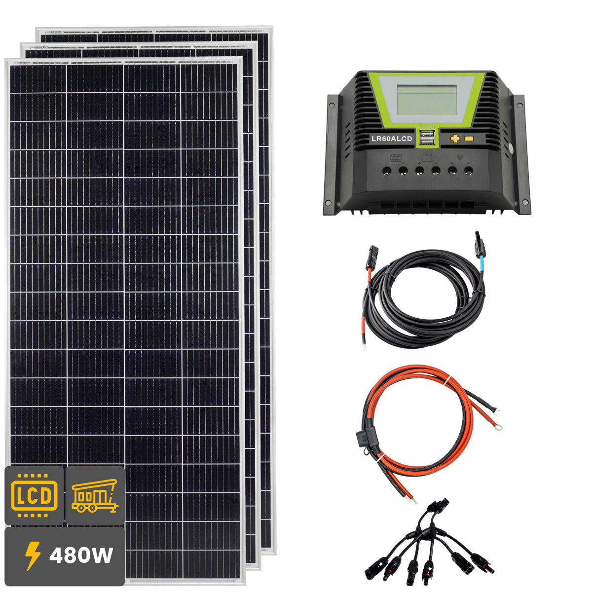 480W Solar Inselanlage Bausatz (3x160W) Solar Laderegler 60A LR60ALCD 2xUSB 12/24V - 12-14501-002 Inkl. 0% MwSt. gemäß §12 Abs.3 UstG.
