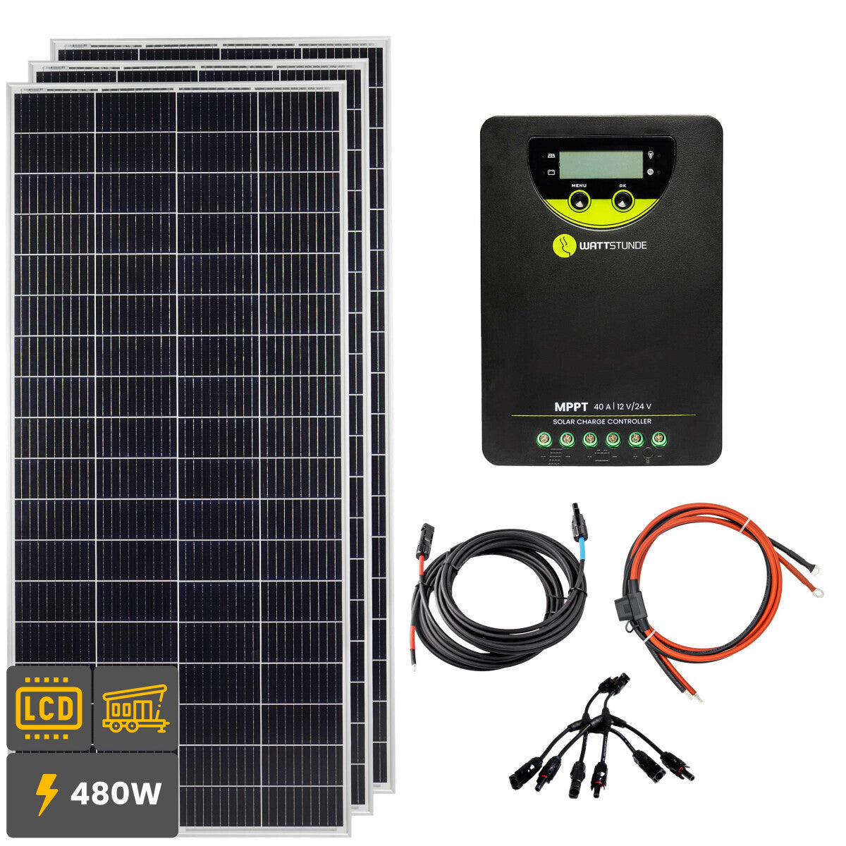 480W Solar Inselanlage Bausatz (3x160W) WATTSTUNDE® 40 A 90 V MPPT Solar Laderegler WLR-BT 40.90 MPPT - 12-14501-003