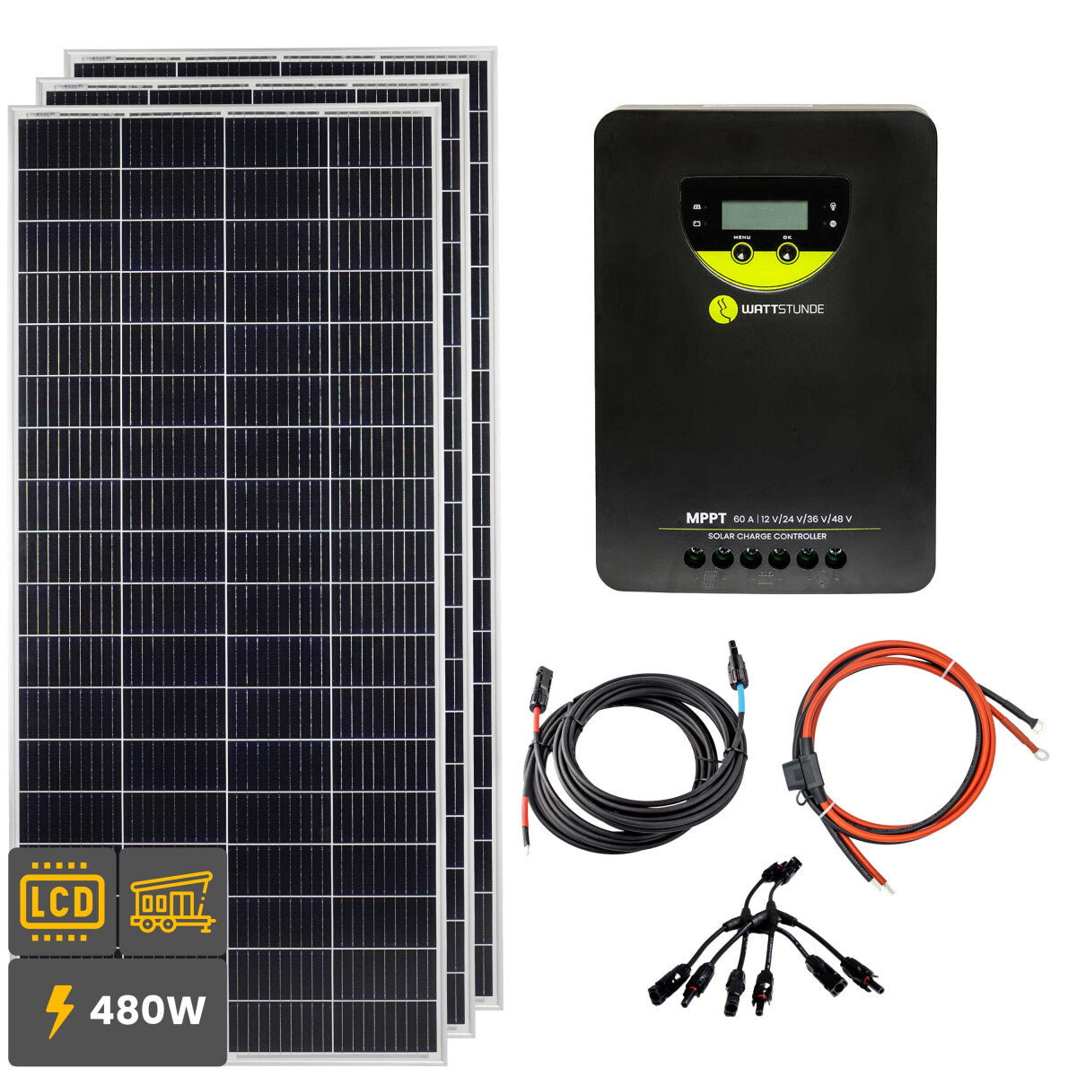 480W Solar Inselanlage Bausatz (3x160W) WATTSTUNDE® 60 A 140 V MPPT Solar Laderegler WLR-BT 60.140 MPPT - 12-14501-004