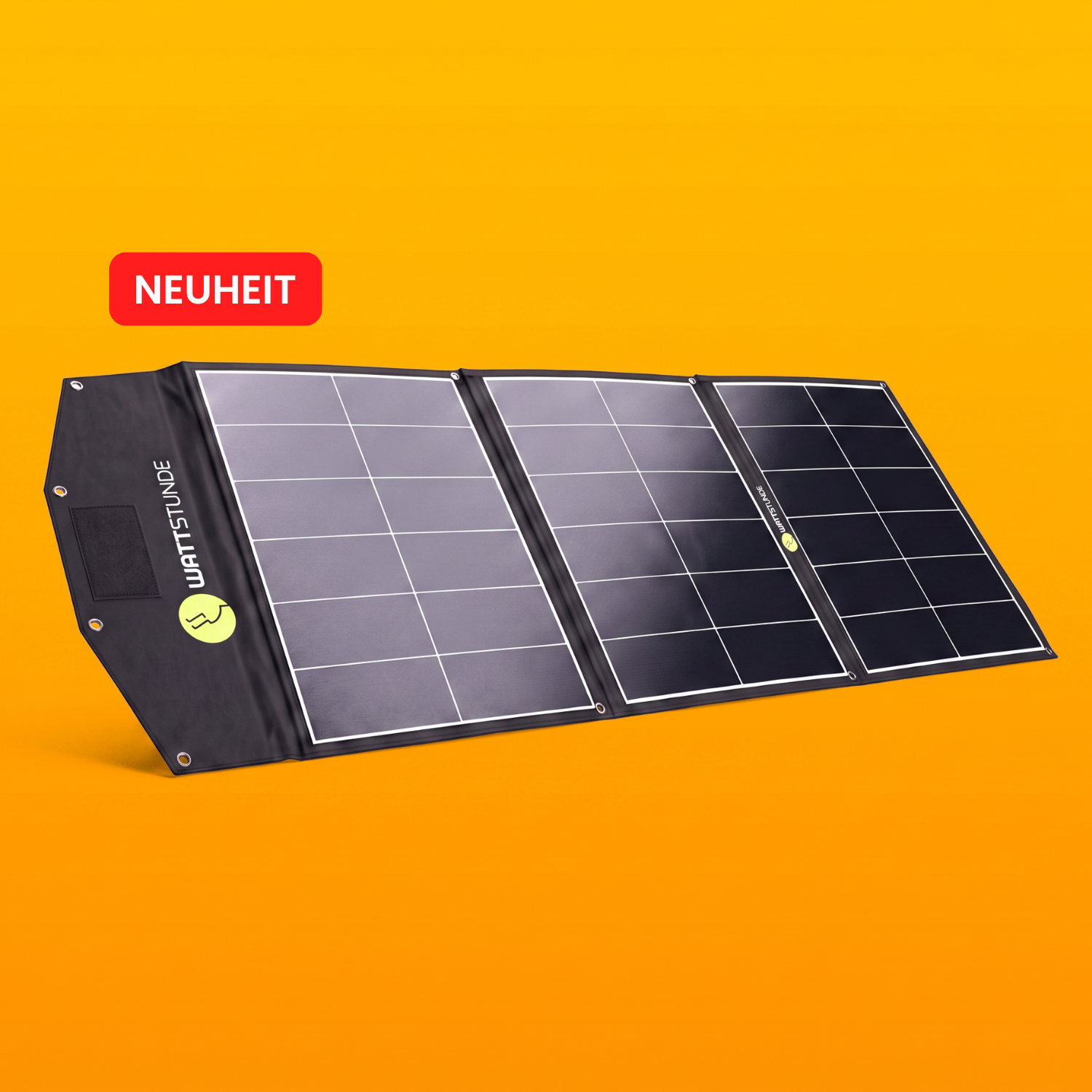 Bild des aufgeklappten WATTSTUNDE® SOLA Ease+ 140 Wp SunFolder. Eine faltbare Solartasche aus 3 Solarelementen, geeignet für mobiles Laden.