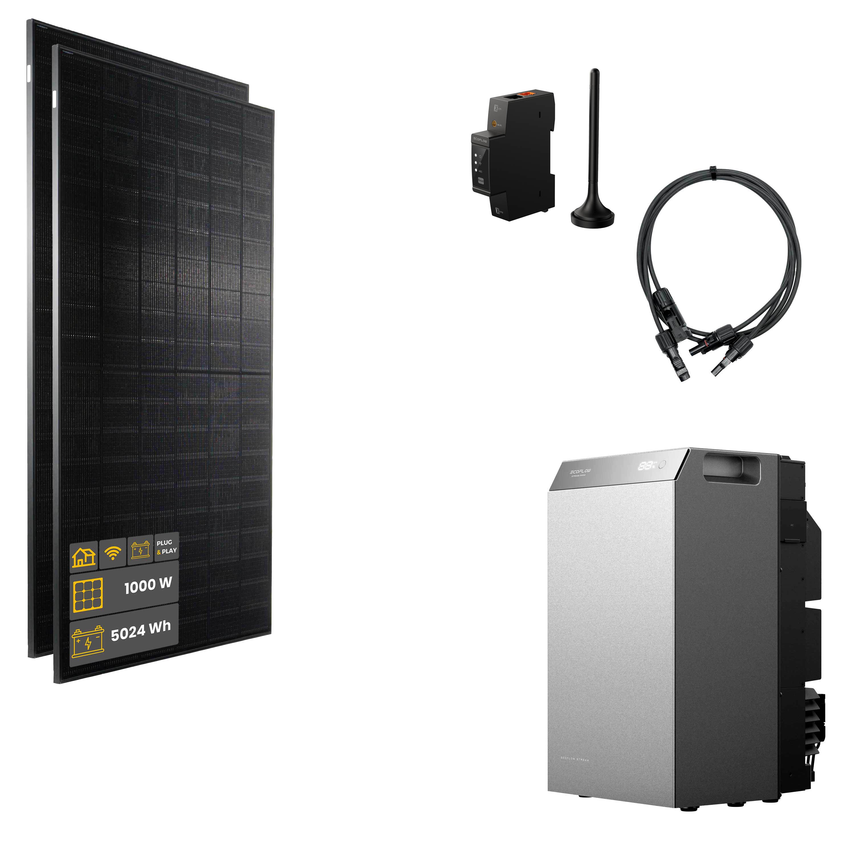1000 W EcoFlow STREAM 5000 Balkonkraftwerk | Set mit Mikrowechselrichter und 2 x 500 W DAH bifacial Solarmodul ohne Halterung und 5 kWh Speicher