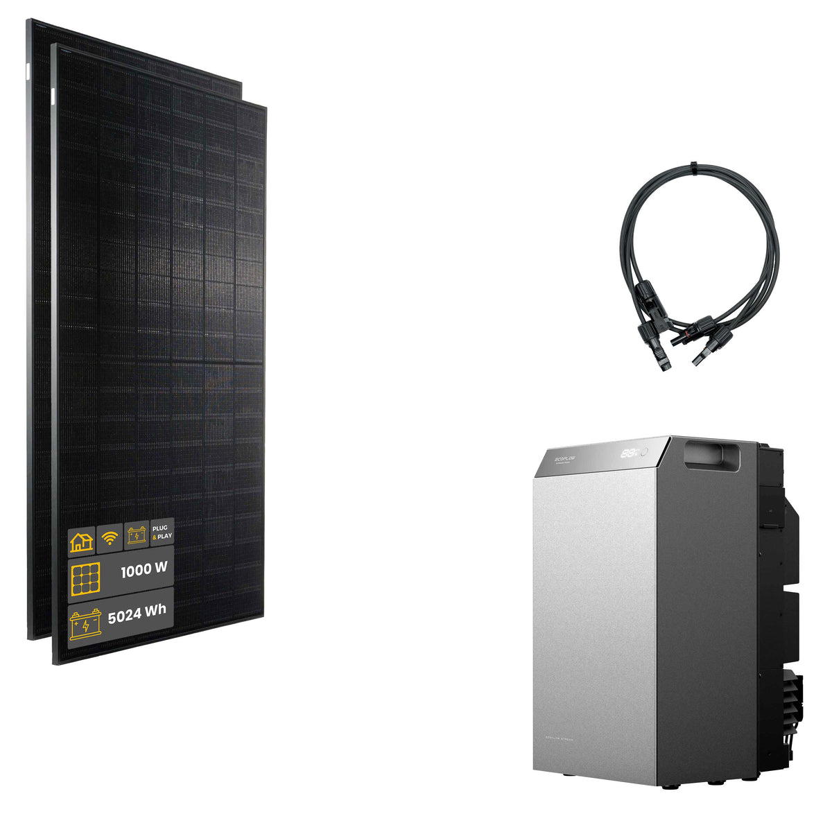 1000 W EcoFlow STREAM 5000 Balkonkraftwerk | Set mit Mikrowechselrichter und 2 x 500 W DAH bifacial Solarmodul ohne Halterung und 5 kWh Speicher