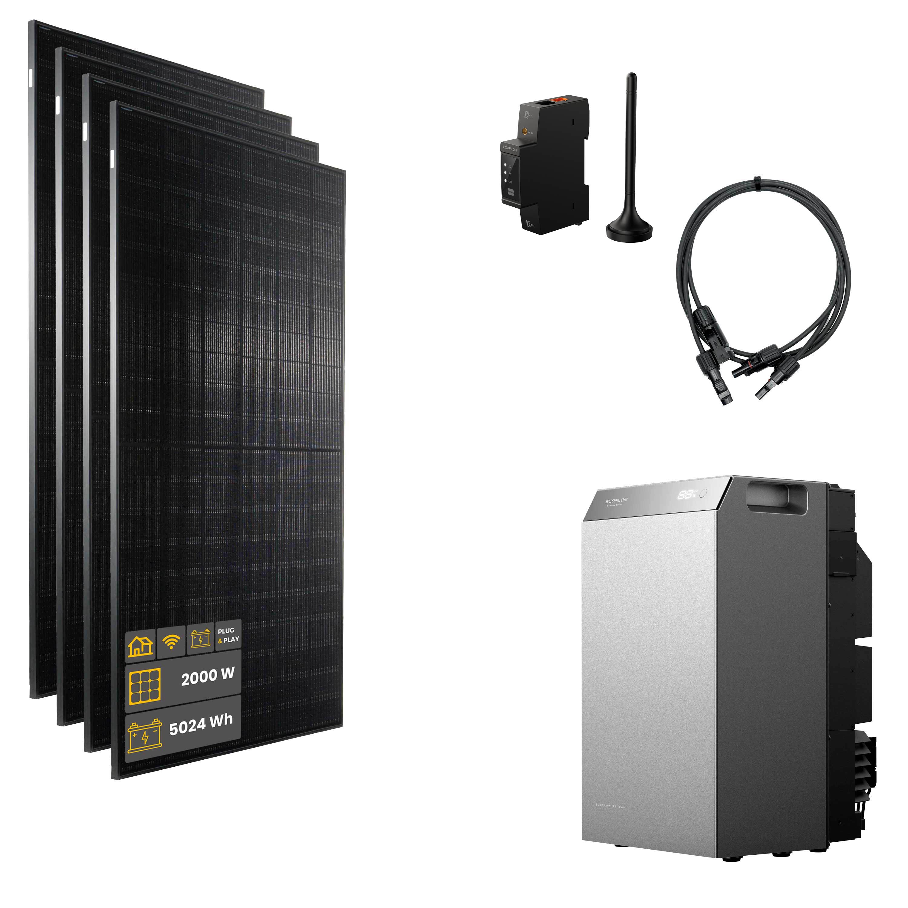 2000 W EcoFlow STREAM 5000 Balkonkraftwerk | Set mit Mikrowechselrichter und 4 x 500 W DAH bifacial Solarmodul ohne Halterung und 5 kWh Speicher