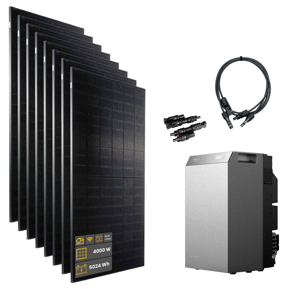 4000 W EcoFlow STREAM 5000 Balkonkraftwerk | Set mit Mikrowechselrichter und 8 x 500 W DAH bifacial Solarmodul ohne Halterung und 5 kWh Speicher