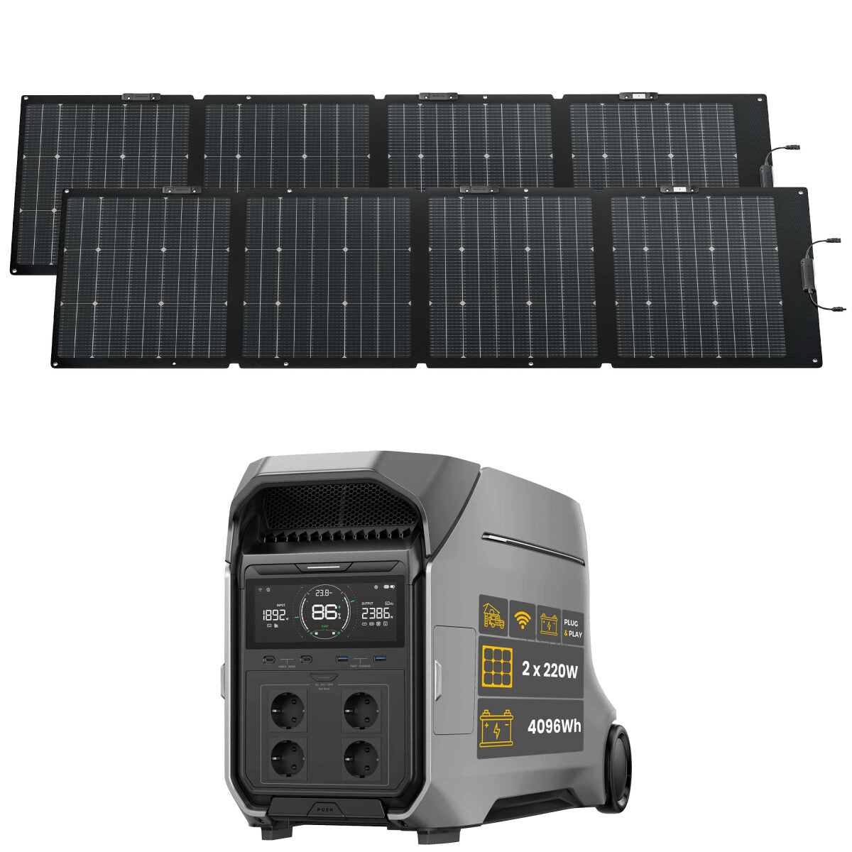 EcoFlow DELTA Pro 3 Powerstation Bundle mit EcoFlow Solarpanel 440 W (2x220W) - 305-21622-09 Inkl. 0% MwSt. gemäß §12 Abs.3 UstG.