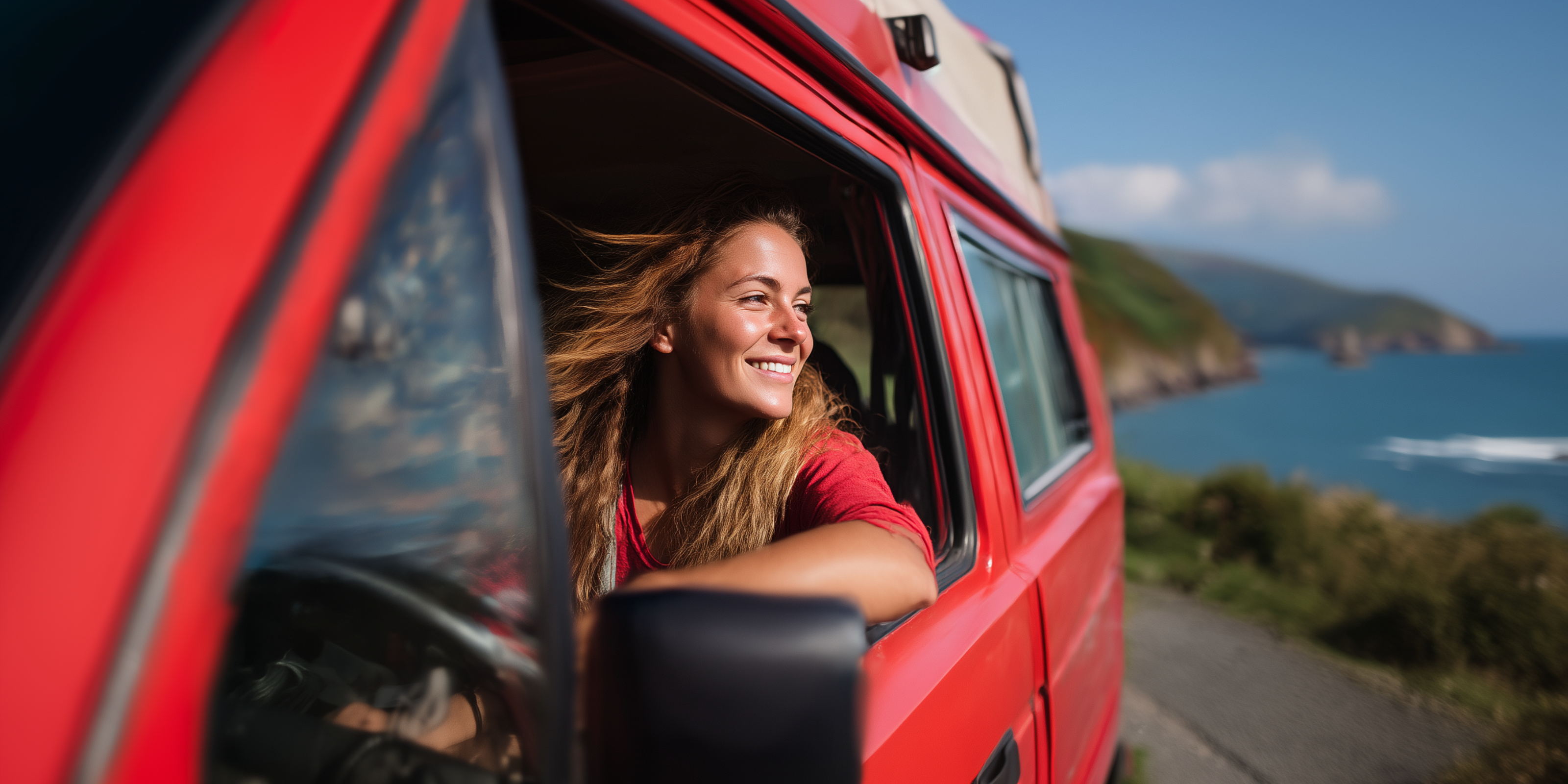 Eine Frau schaut aus einem Reisefahrzeug, dass direkt am Meer steht.