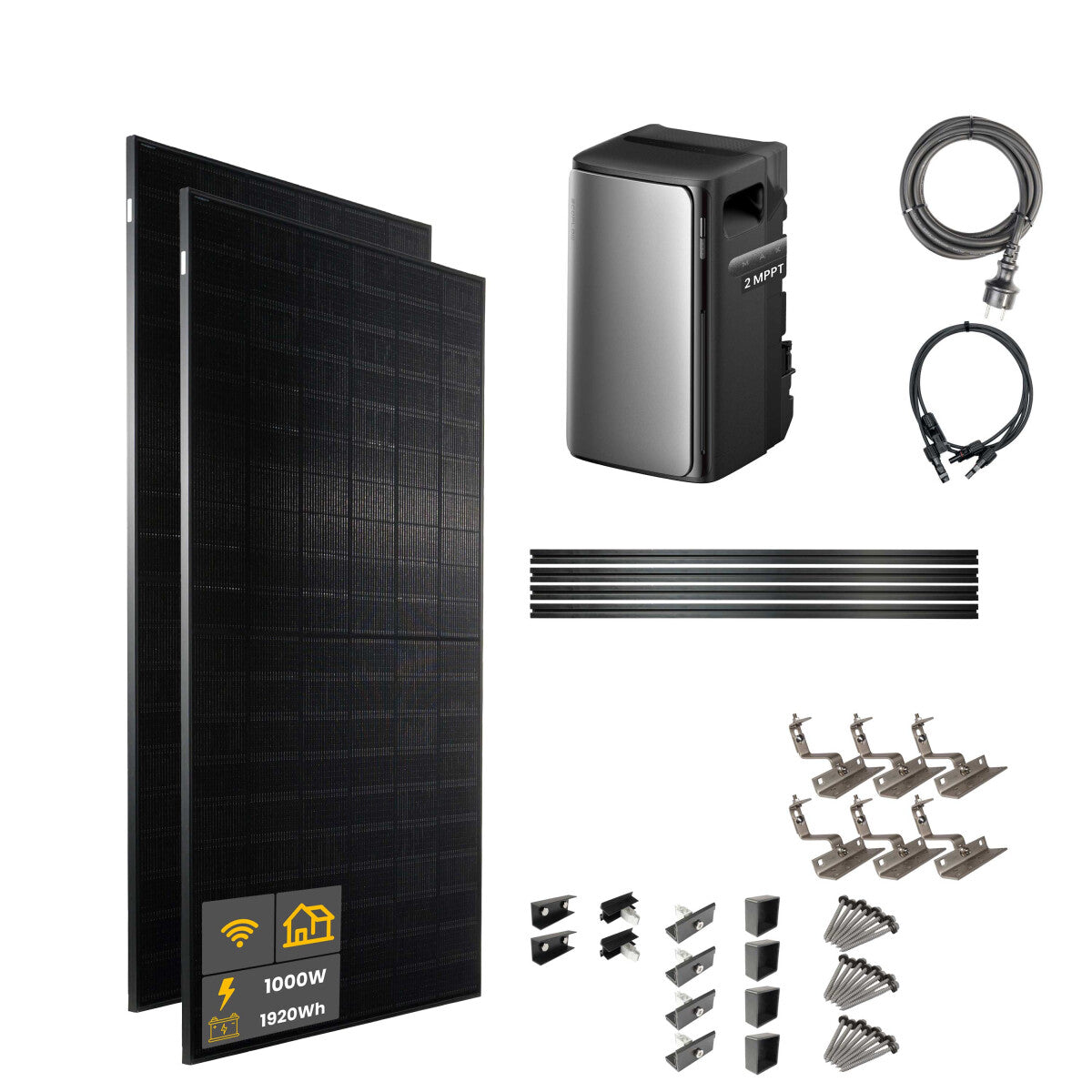 1000 W EcoFlow STREAM Max Balkonkraftwerk | Set mit Hausdachhalterungen für Ziegeldächer, 2x 500 W DAH bifacial Solarmodul und 1,92 kWh Speicher - 21-306906