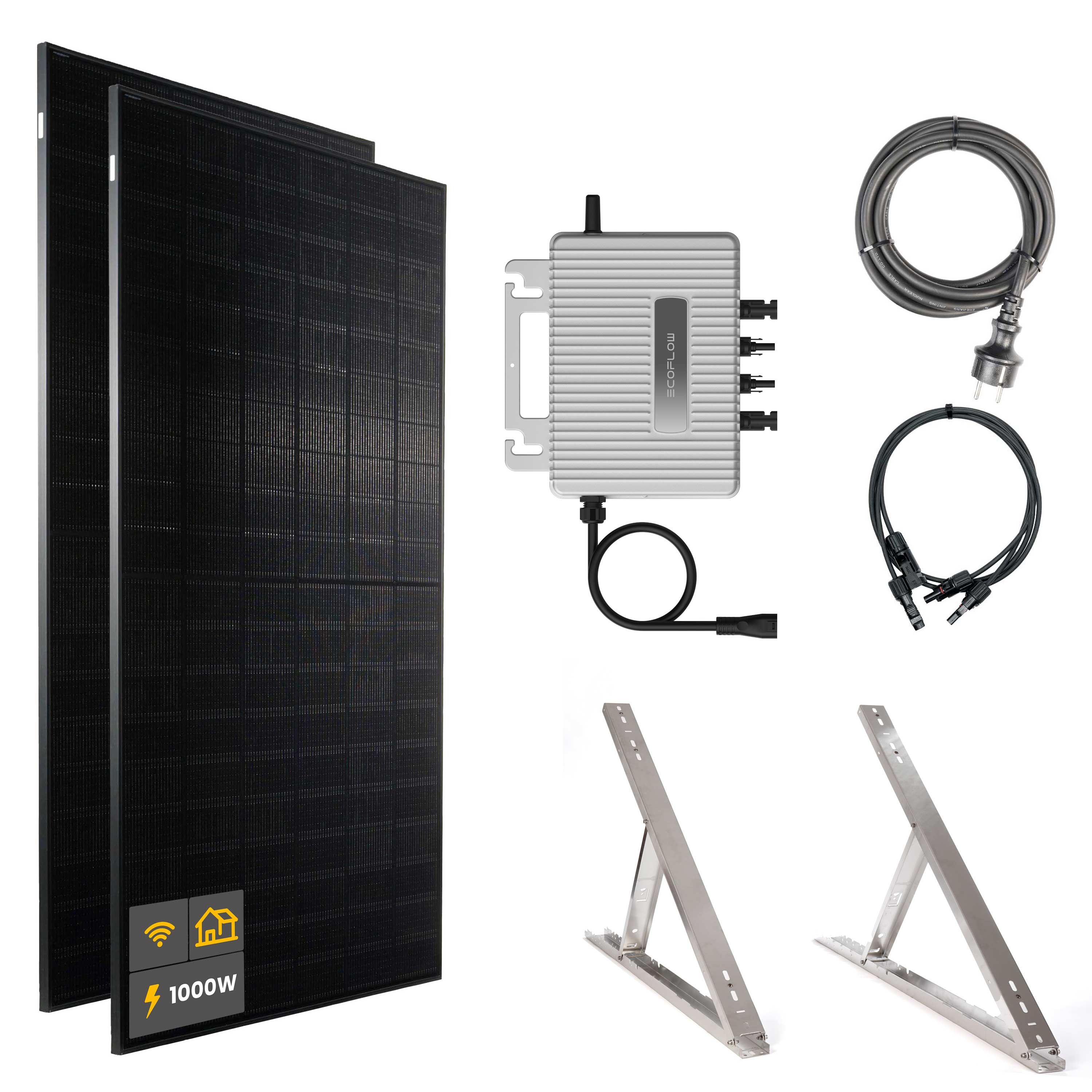 1000 W Balkonkraftwerk | Set mit EcoFlow STREAM 800 W Mikrowechselrichter und 2x 500 W DAH Solarmodul mit Flachdach Halterung