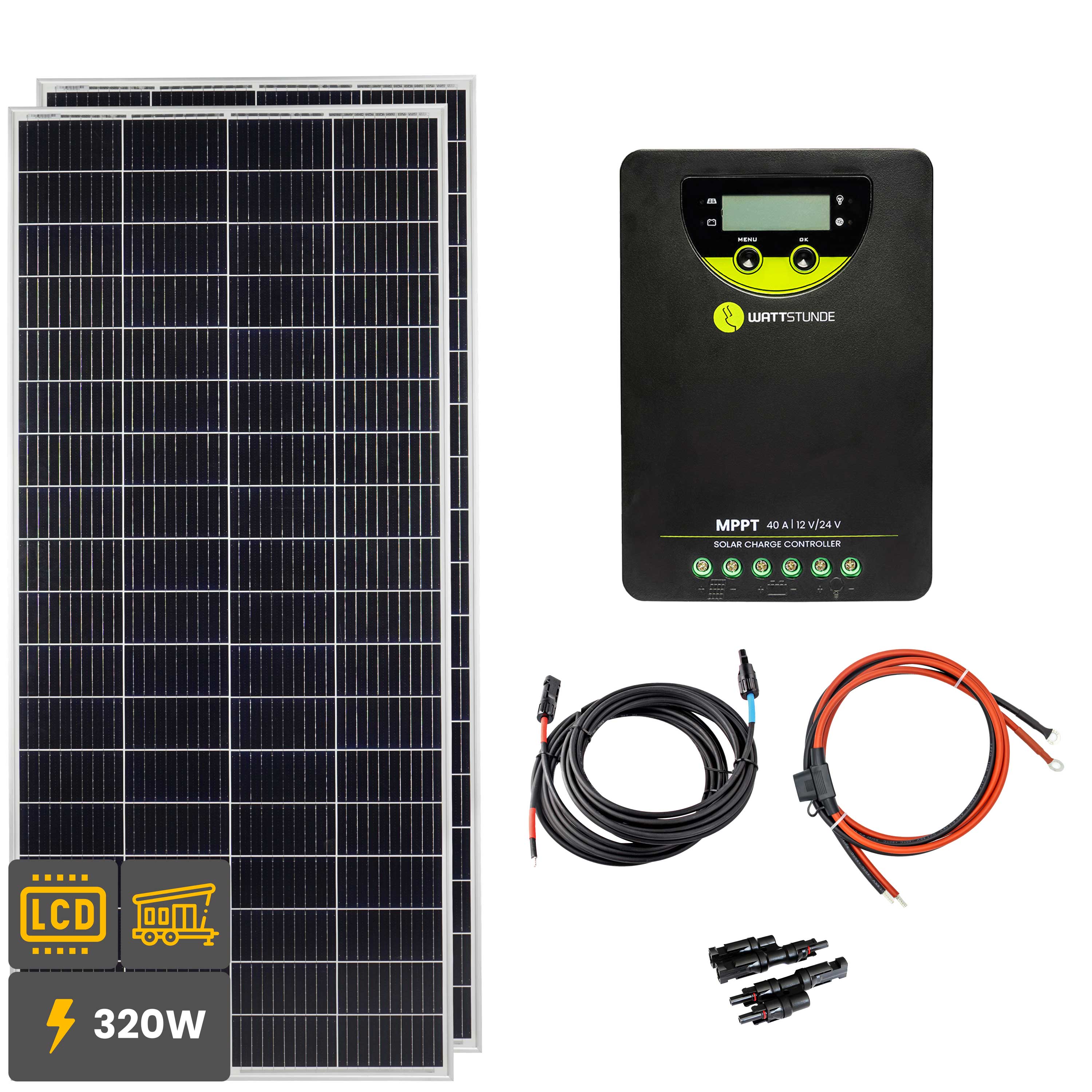 320W Solar Inselanlage Bausatz (2x160 W) WATTSTUNDE® 40 A 90 V MPPT Solar Laderegler WLR-BT40.90 MPPT - 12-13001-004 Inkl. 0% MwSt. gemäß §12 Abs.3 UstG.