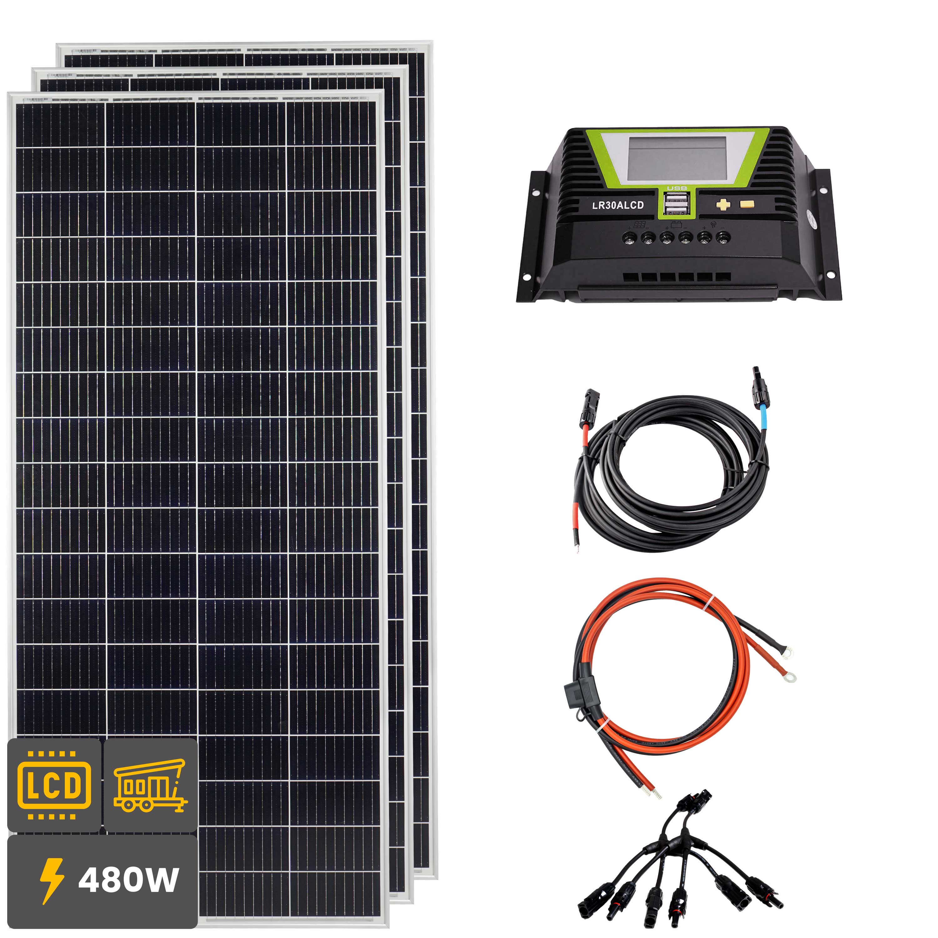 480W Solar Inselanlage Bausatz (3x160W) Solar Laderegler 30A LR30ALCD 2xUSB 12/24V - 12-14501-001 Inkl. 0% MwSt. gemäß §12 Abs.3 UstG.