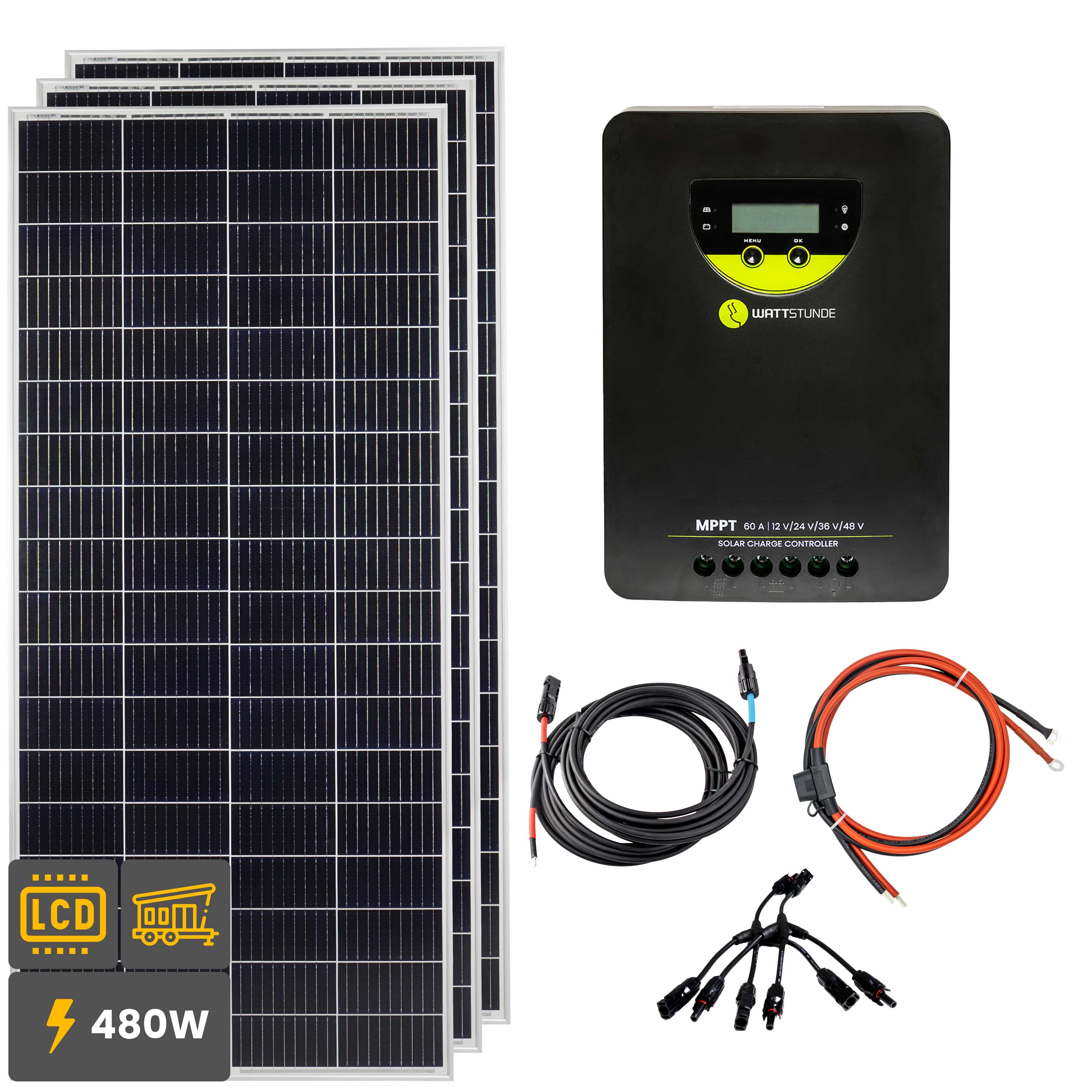 480W Solar Inselanlage Bausatz (3x160W) WATTSTUNDE® 60 A 140 V MPPT Solar Laderegler WLR-BT 60.140 MPPT - 12-14501-004 Inkl. 0% MwSt. gemäß §12 Abs.3 UstG.