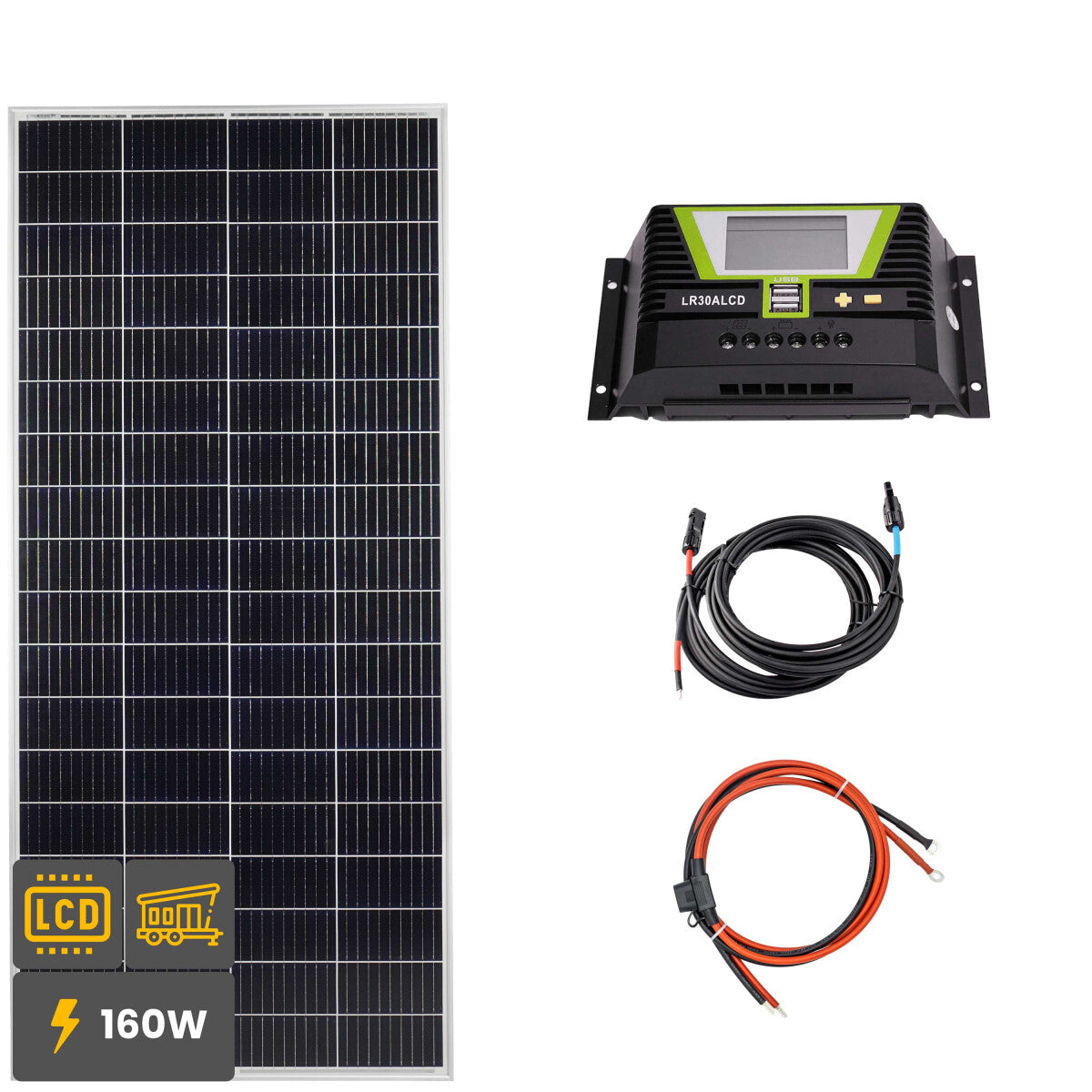 160W Solar Inselanlage Bausatz Solar Laderegler 30A LR30ALCD 2xUSB 12/24V - 12-11501-v-002