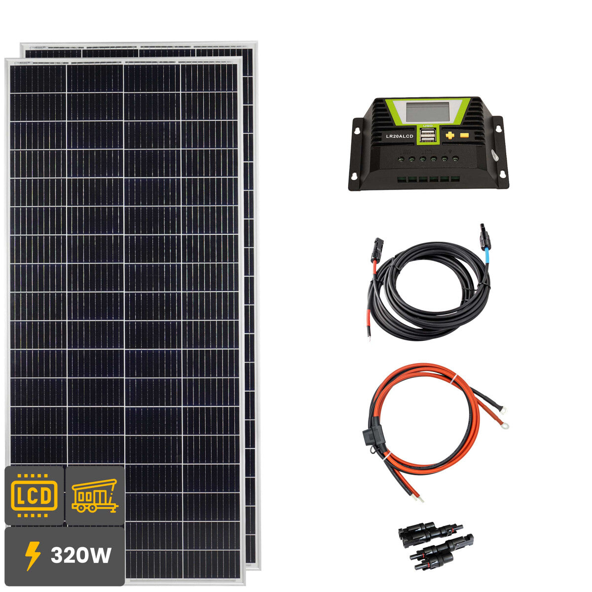 320W Solar Inselanlage Bausatz (2x160 W) Solar Laderegler 20A LR20ALCD 2xUSB 12/24 V