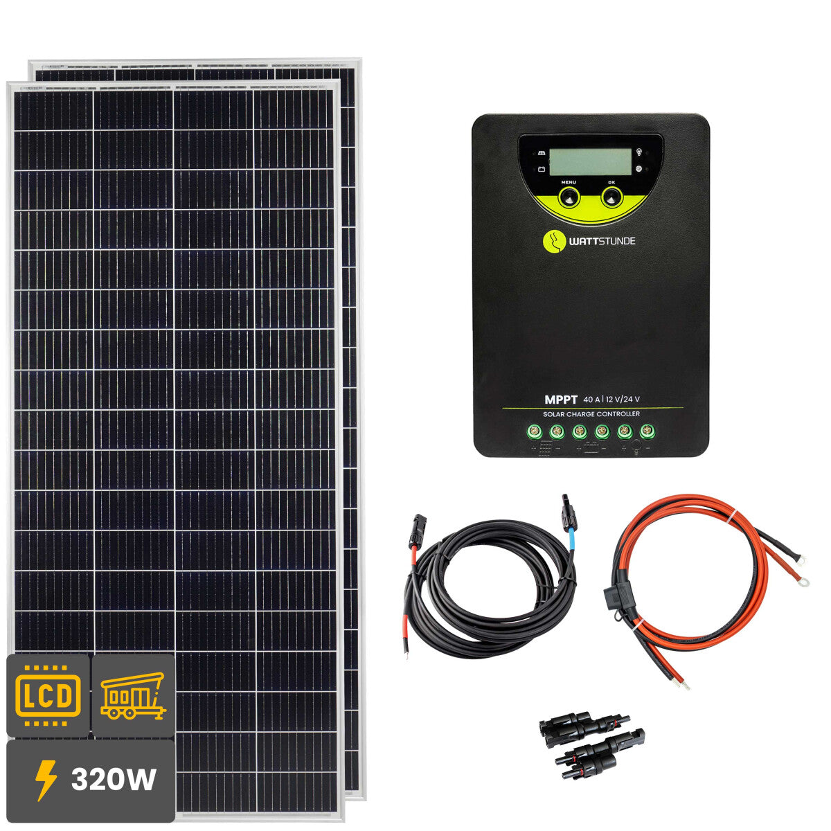 320W Solar Inselanlage Bausatz (2x160 W) WATTSTUNDE® 40 A 90 V MPPT Solar Laderegler WLR-BT40.90 MPPT - 12-13001-004