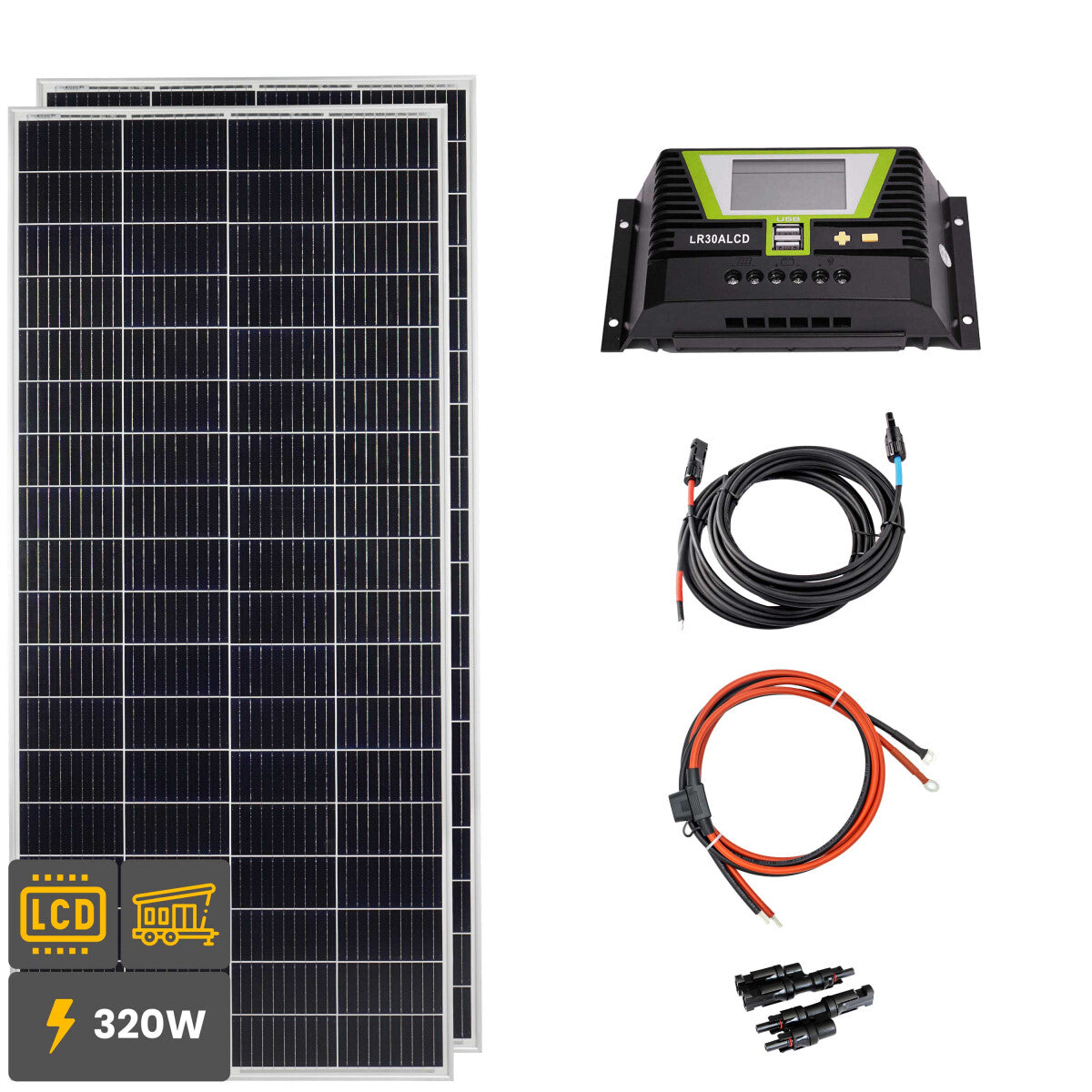 320W Solar Inselanlage Bausatz (2x160W) Solar Laderegler 30A LR30ALCD 2xUSB 12/24V