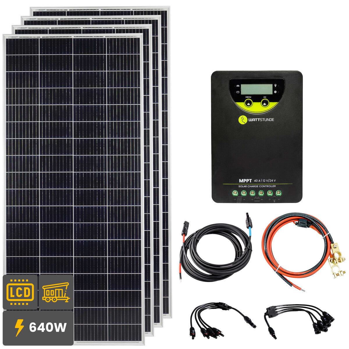 640W Solar Inselanlage Bausatz (4x160 W) WATTSTUNDE® 40A 90V MPPT Solar Laderegler WLR40.90 MPPT - 12-16001-002