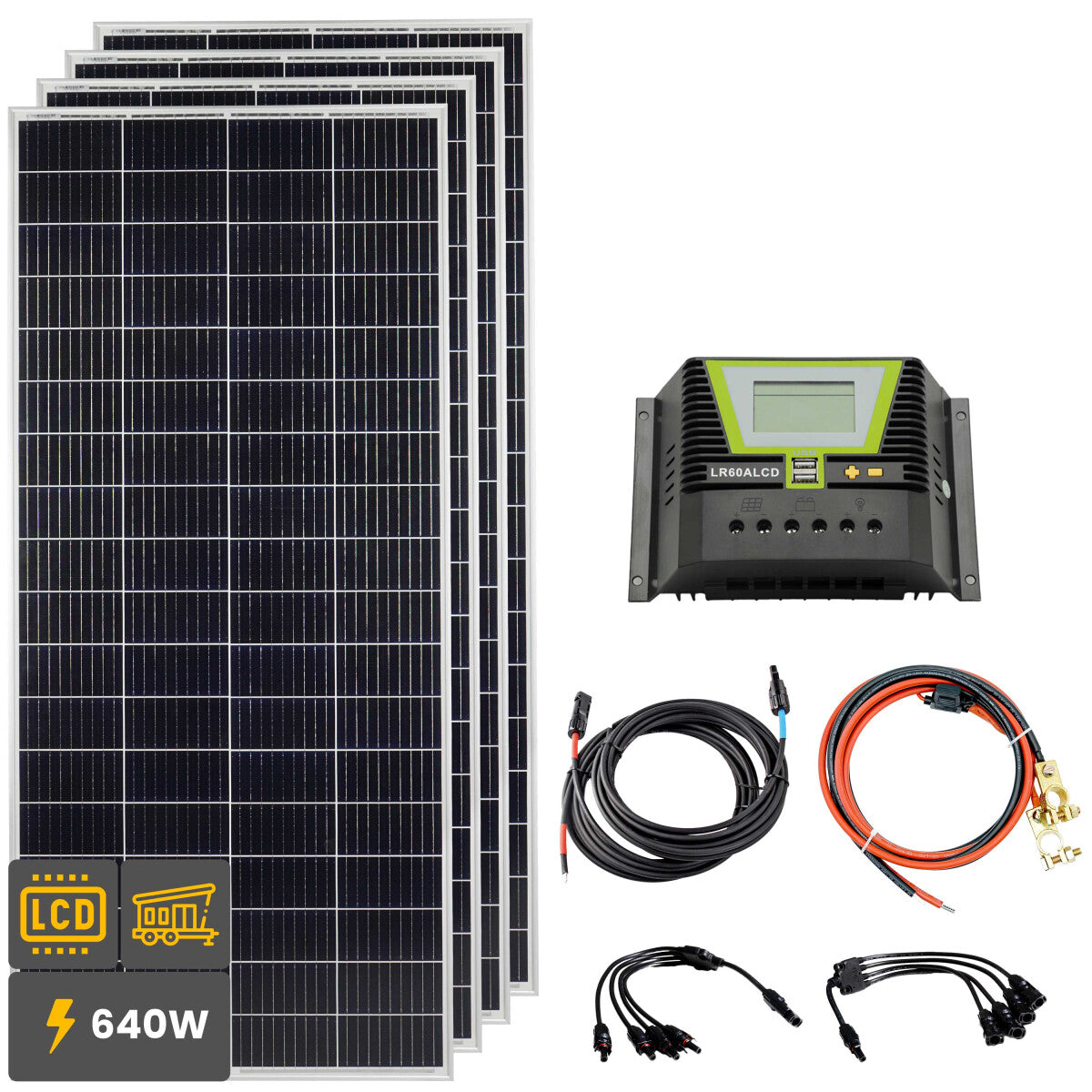 640W Solar Inselanlage Bausatz (4x160W) Solar Laderegler 60A LR60ALCD 2xUSB 12/24V - 12-16001-001