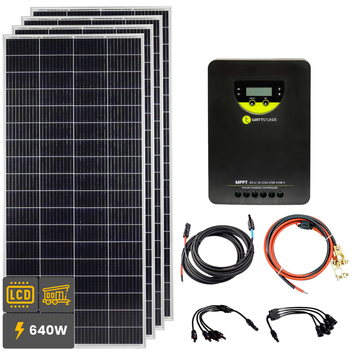 640W Solar Inselanlage Bausatz (4x160W) WATTSTUNDE® 60A 140V MPPT Solar Laderegler WLR-BT 60.140 MPPT-v