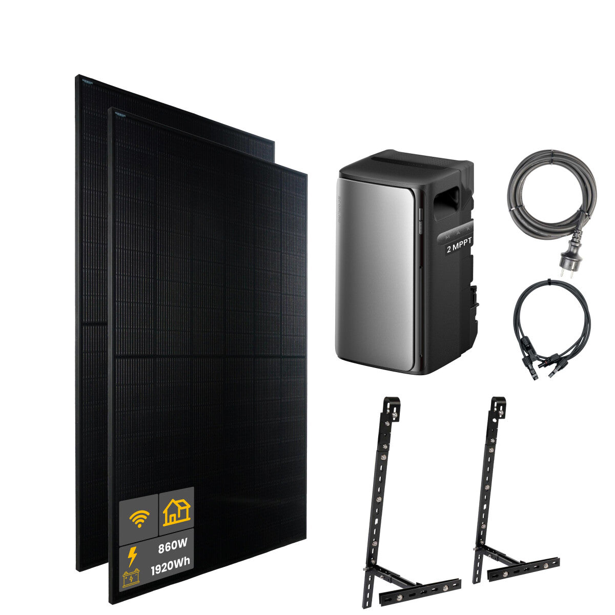 860 W EcoFlow STREAM Max Balkonkraftwerk | Set mit Mikrowechselrichter und 2x 430 W DAH bifacial Solarmodul mit Gitterbalkon Halterung und 1,92 kWh Speicher