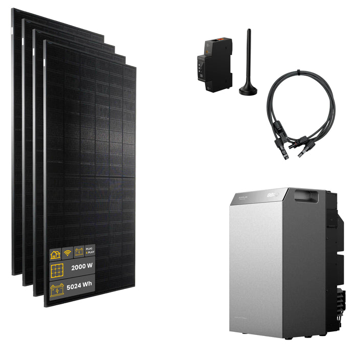 2000 W EcoFlow STREAM 5000 Balkonkraftwerk | Set mit Mikrowechselrichter und 4 x 500 W DAH bifacial Solarmodul ohne Halterung und 5 kWh Speicher