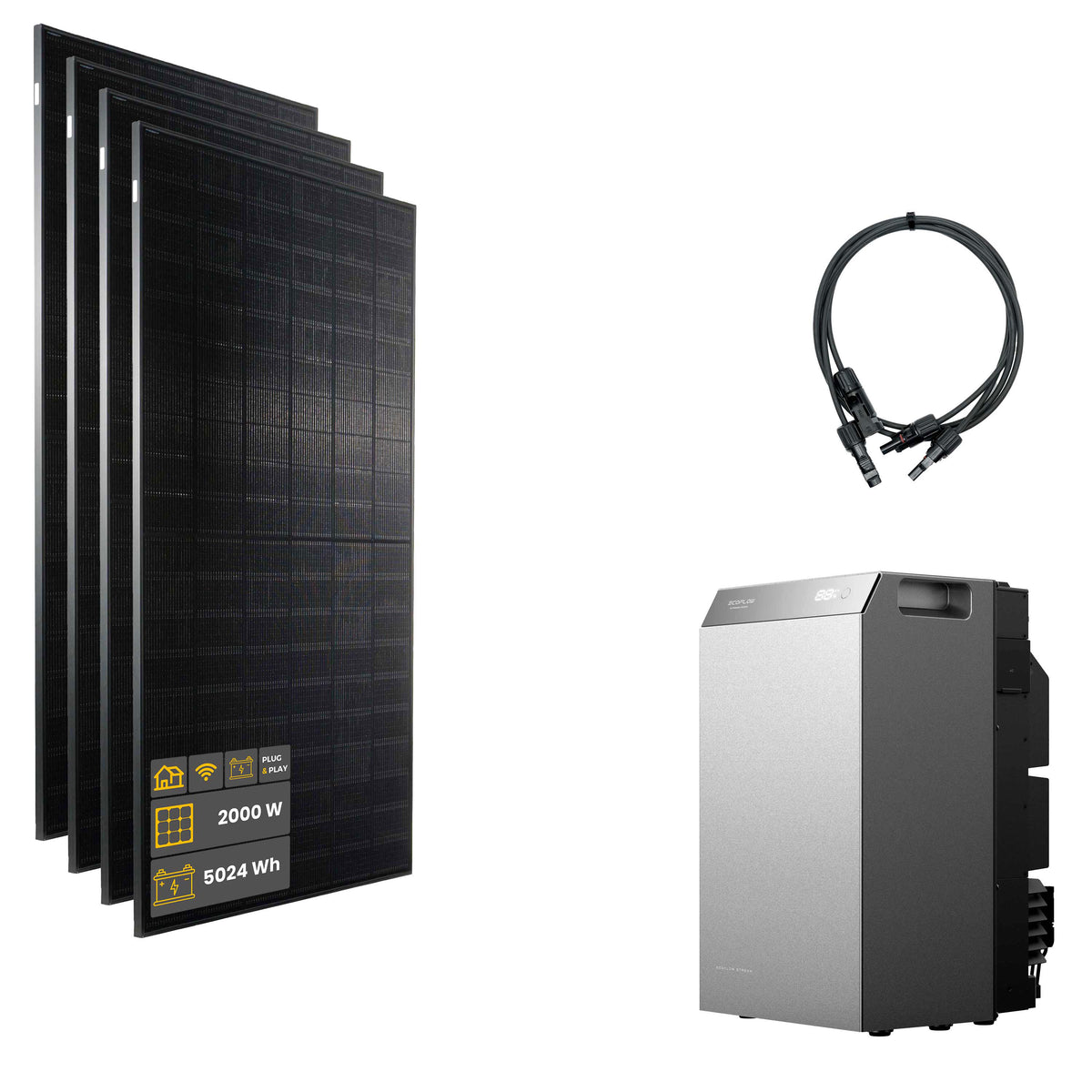 2000 W EcoFlow STREAM 5000 Balkonkraftwerk | Set mit Mikrowechselrichter und 4 x 500 W DAH bifacial Solarmodul ohne Halterung und 5 kWh Speicher