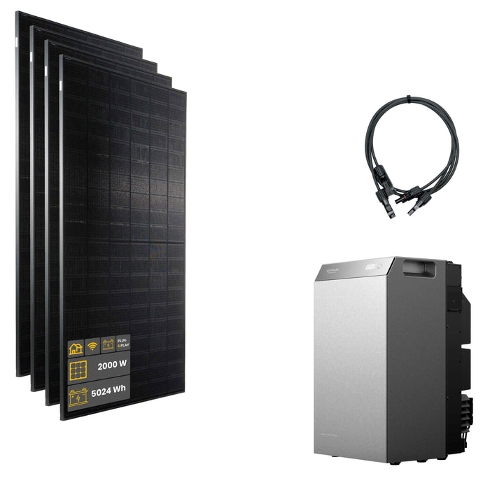 2000 W EcoFlow STREAM 5000 Balkonkraftwerk | Set mit Mikrowechselrichter und 4 x 500 W DAH bifacial Solarmodul ohne Halterung und 5 kWh Speicher