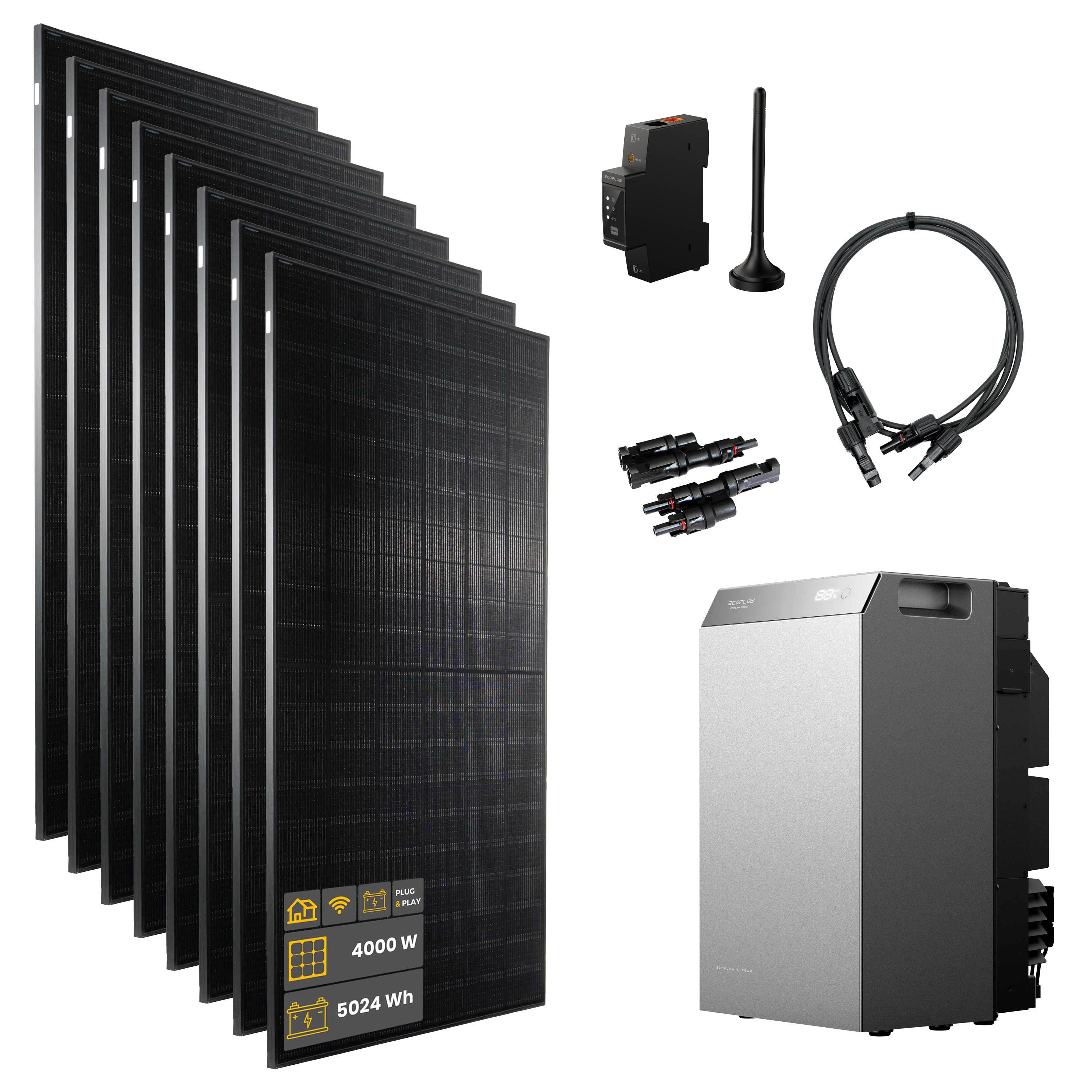 4000 W EcoFlow STREAM 5000 Balkonkraftwerk | Set mit Mikrowechselrichter und 8 x 500 W DAH bifacial Solarmodul ohne Halterung und 5 kWh Speicher