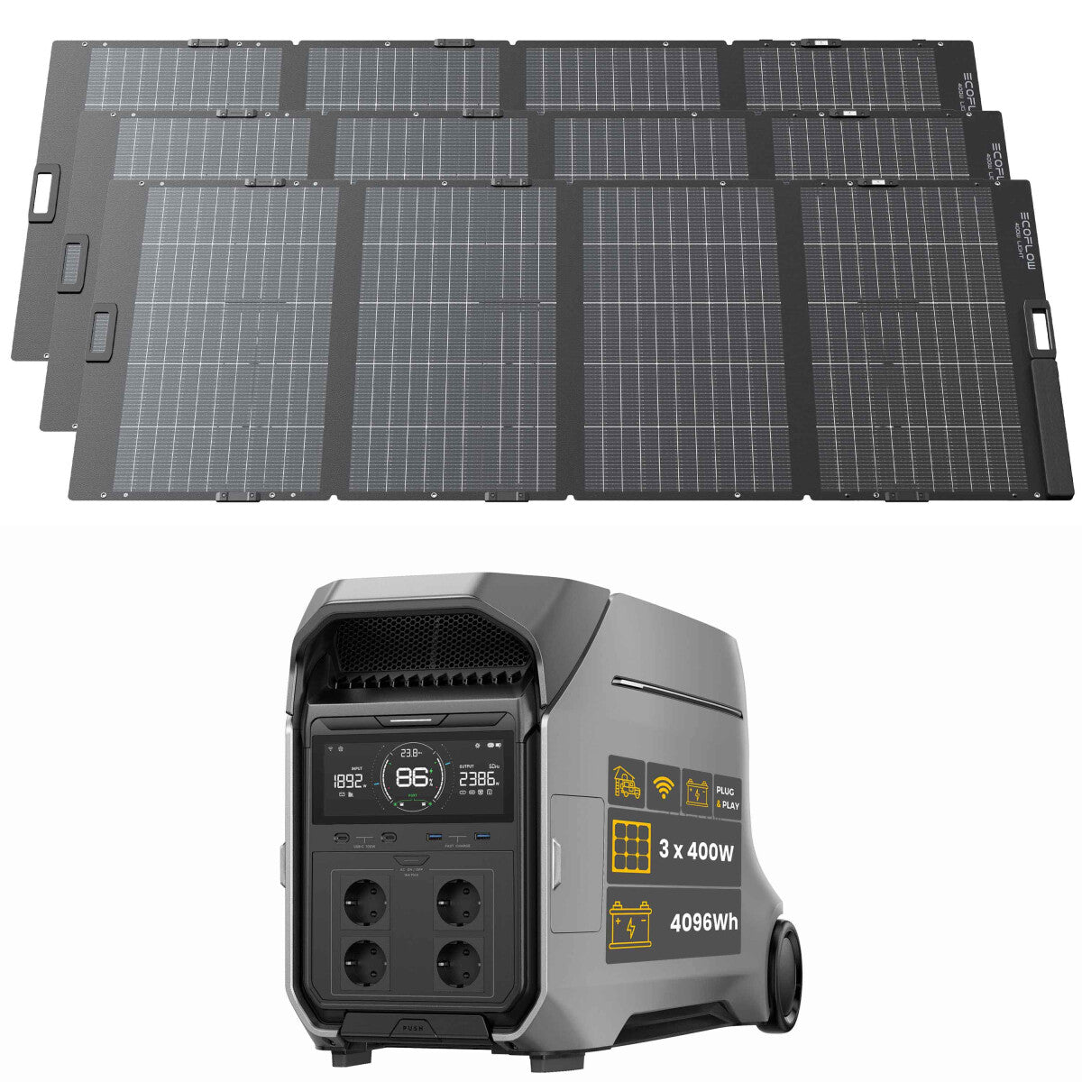 EcoFlow DELTA Pro 3 Powerstation Bundle mit EcoFlow Solarpanel 1200 W (3x400W) - 305-21622-11 Inkl. 0% MwSt. gemäß §12 Abs.3 UstG.
