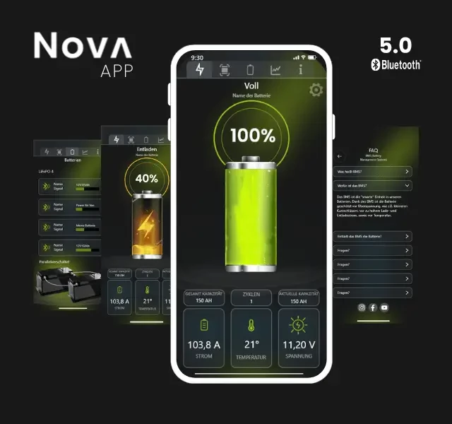 Die passende NOVA-APP für die NOVA-Batterieserie ist Dein smarter Begleiter auf jeder Reise. Lade die App herunter und verbinde Dich in Sekundenschnelle mit deiner NOVA-Batterie, um Verbrauch und Ladezustand direkt auf deinem iPhone oder Android-Gerät in Echtzeit zu überwachen.